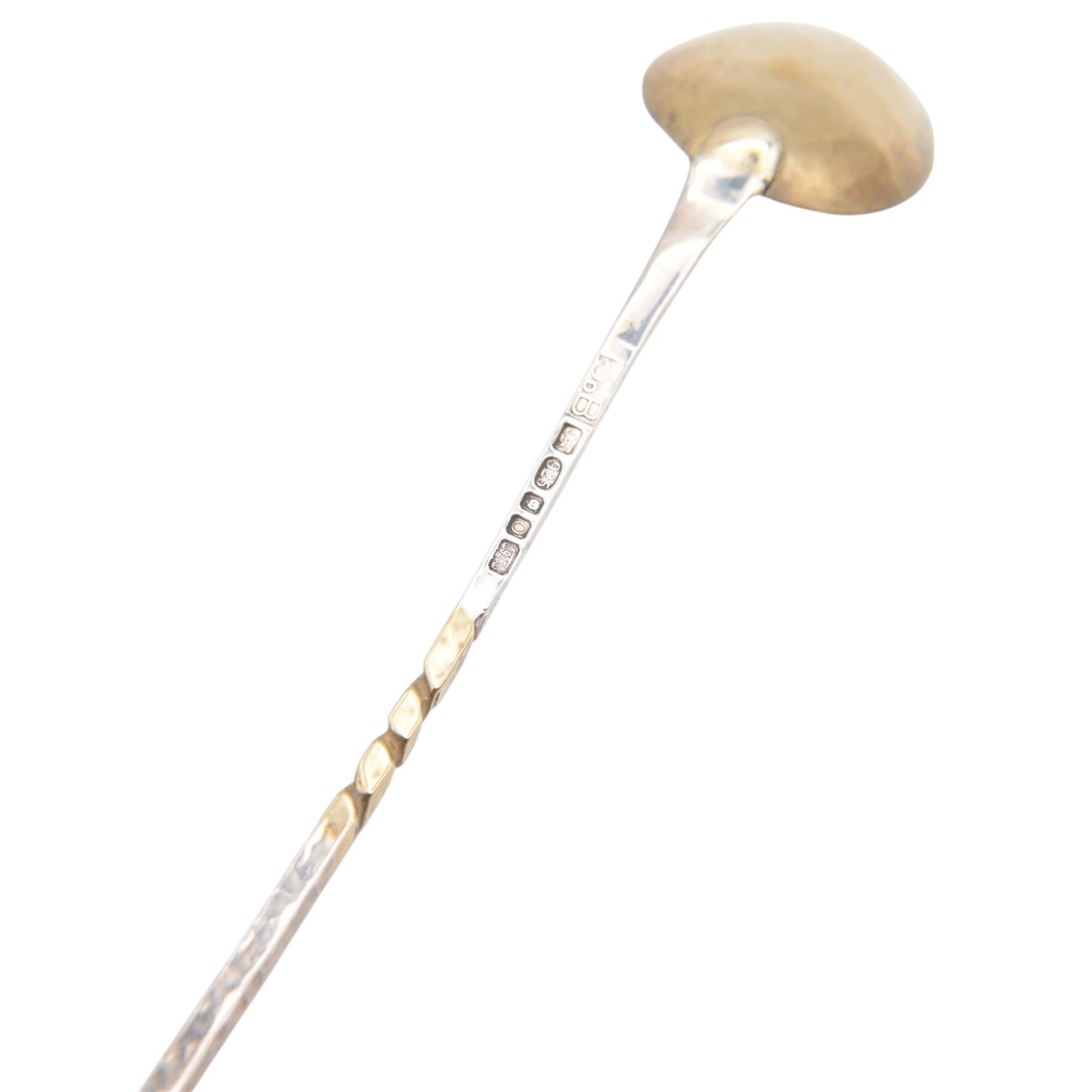 Modern silver cream jug, of circular form with gilt interior, gilt spiral decoration and planished finish throughout, the curved handle with berry detail to base, together with a silver cocktail spoon, with twist handle and a small pin box of cylindrical form, embossed with foliate decoration, all hallmarked Jonathan Braganza, London 2012 and 2013, cream jug H6cm