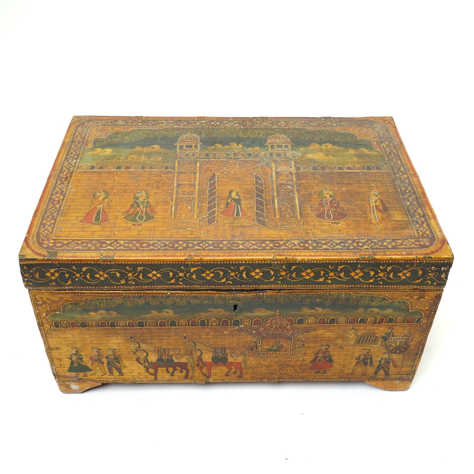Indian box, painted with figures outside a palace gate, and with various animals 
