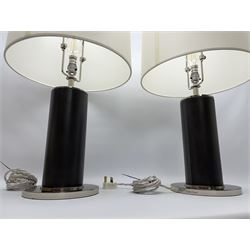 Ralph Lauren - pair 'Beckford' table lamps, cylindrical form in chocolate brown leather, polished metal base, with shades