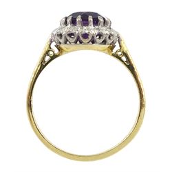 Gold round amethyst and diamond cluster ring, stamped 18ct