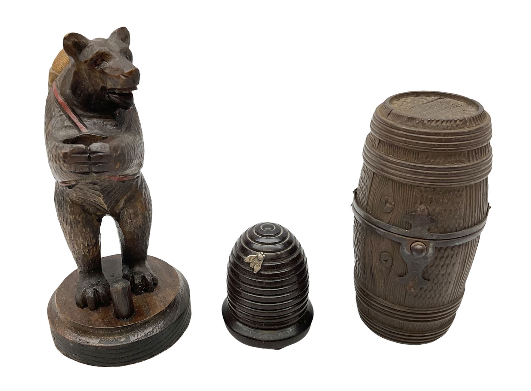 19th century wooden beehive thimble holder with silver bee decoration, black forest style pin cushion and thimble holder, modelled in the form of a standing bear and a wooden cased sewing set with silver thimble, sewing set H10cm