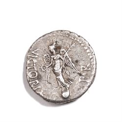 Roman Empire - Galba (AD 68-69): Silver Denarius coin, obverse laureate head of Galba right, reverse Victory advancing left holding wreath and palm, VICTORIA P R; AD 68-69, Rome mint