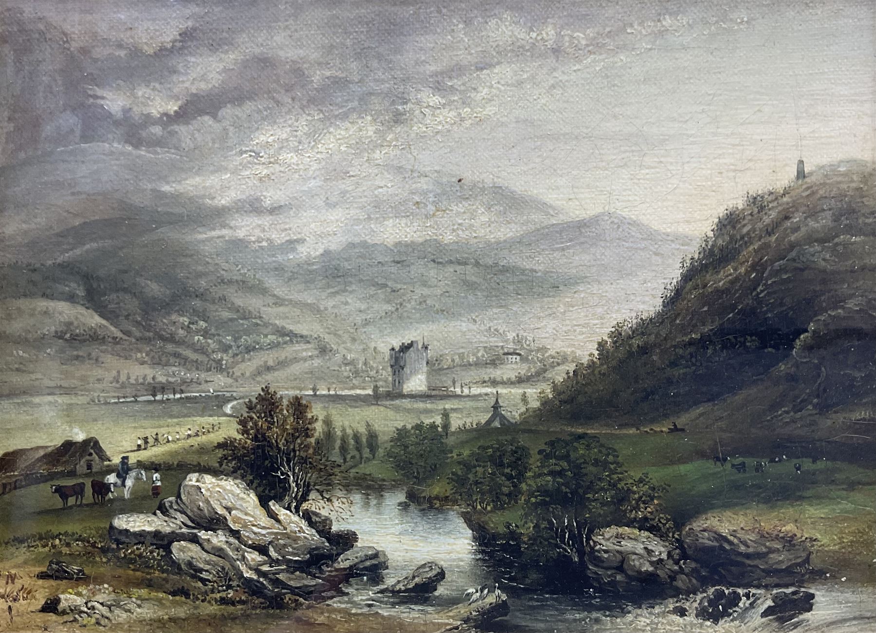 Patrick Nasmyth (Scottish 1787-1831): 'Braemar Castle', oil on canvas laid on to panel signed with initials, titled and inscribed verso 14cm x 19cm