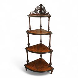 Late Victorian inlaid corner etagere with four tiers in figured walnut, top tier with pierced fretwork gallery above turned upright supports