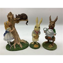 Goebel Alice in Wonderland figures, comprising Alice and Cat, White Rabbit, Queen of Hearts, March Hare, Tweedle Dee and the Mock Turtle, largest H18cm