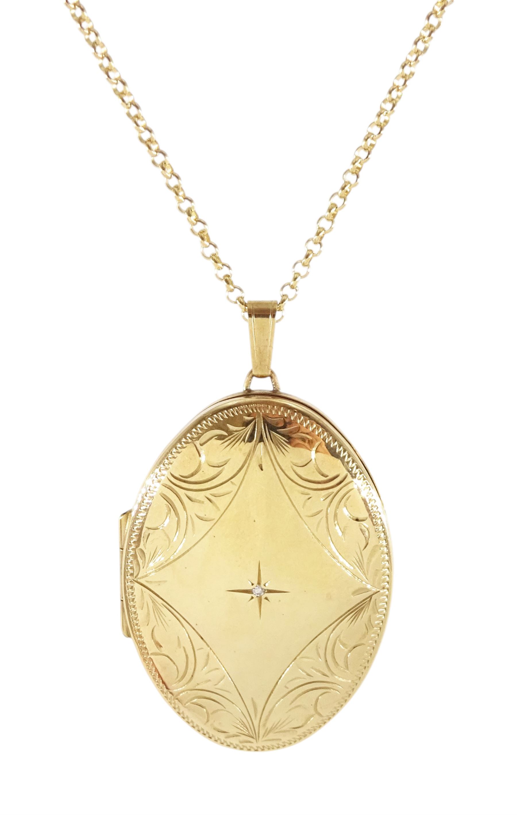 9ct gold hinged locket pendant necklace, with engraved decoration and set with a single diamond chip, hallmarked
