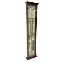 Comitti of London - 20th-century replica mahogany Fitzroy barometer, in a fully glazed case with full-sized Fitzroy charts and weather predictions, with two adjustable recording pointers, spirit thermometer and storm glass, barometric pressure recorded in inches, cistern tube in good condition and containing mercury.
