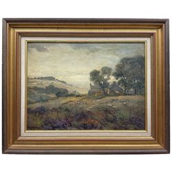 William Ashton (British 1853-1927): Haystacks 'Farm Scene' and 'Farmhouse with Sheep', pair oils on board signed, labelled verso 30cm x 40cm (2)