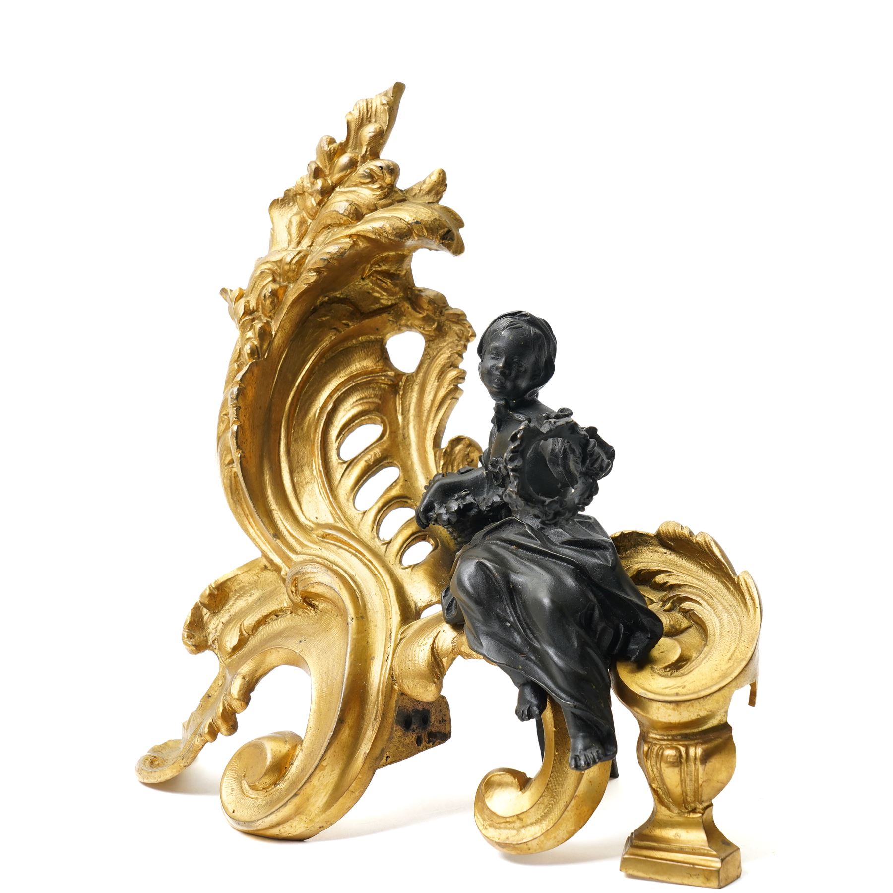 Pair of gilt metal Louis XIV style chenets, mounted with two bronze figures of a boy and girl, H29cm W30cm 