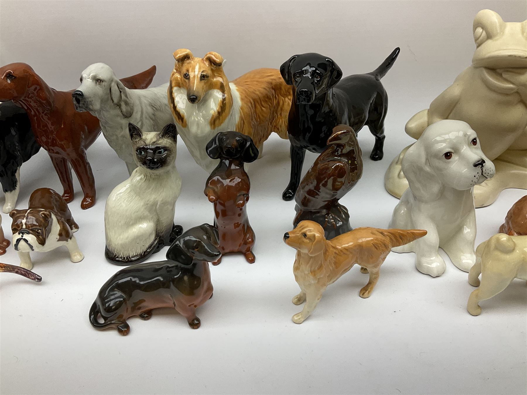 Beswick figures to include, english setter 'Bayldone Baronet', model no 973, collie, model no 1791, sheepdog, model no 1792, black labrador, model no 1548, Irish red setter, model no 966, Connoisseur Beagle on a wooden plinth 1933B, frog in cream matt, model no 368, etc 