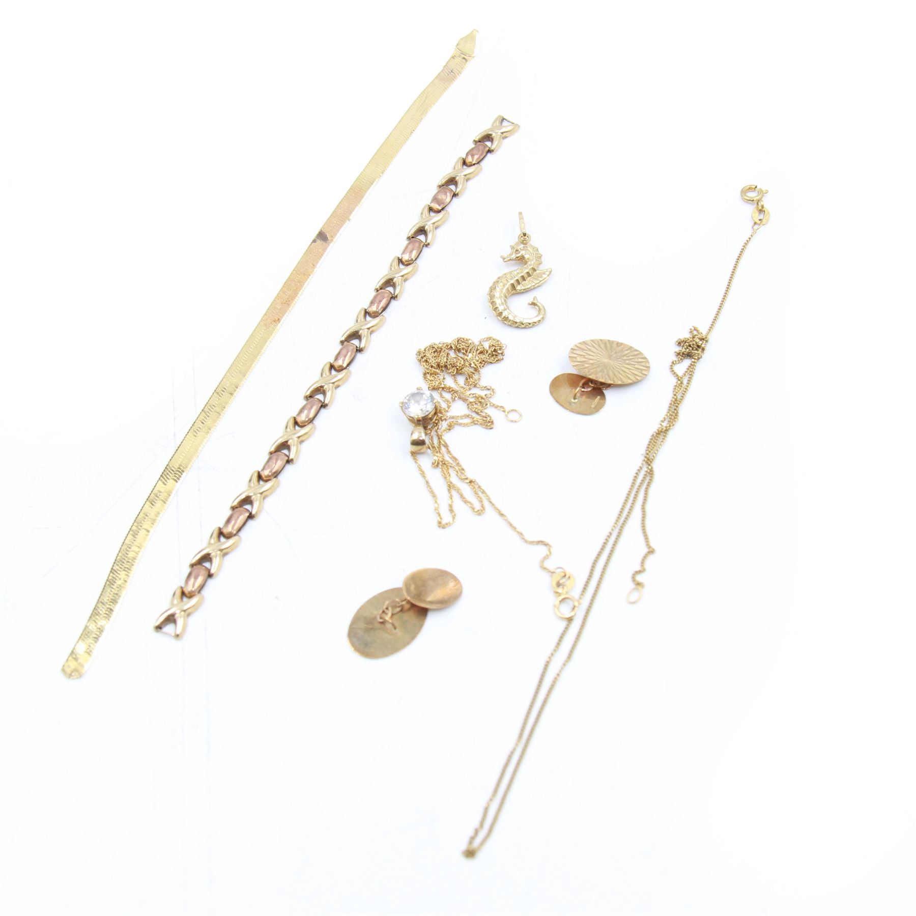 14ct gold bracelet links and a 14ct gold chain, together with 9ct gold jewellery, to include pair of cufflinks, bracelet, seahorse charm, chains and a cubic zirconia pendant 
