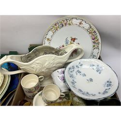 Large quantity of Victorian and later ceramics to include Spode Velamour twin handled vase, Bavaria Schumann Arzberg large circular stand and vase, Beswick Ware,  Spode, blue and white, Hanley and G Meakin, tea wares, figures, West German vase etc in six boxes