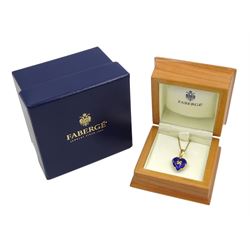 Victor Mayer for Faberge 18ct gold blue enamel heart shaped pendant, with applied gold four leaf clover decoration, limited edition No. 722/1000, on silver-gilt chain necklace, boxed