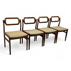 Johannes Andersen for Uldum Mobelfabrik - set of eight Danish teak dining chairs, each with open back rests with curved edges, upholstered seats in a neutral woven fabric, raised on tapered supports