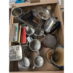 Collection of silver plate including twin-handled tray, cut glass, ceramics and other collectibles, in five boxes