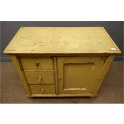  Early 19th century pine side cabinet, three drawers and panelled cupboard, enclosing two shelves, bracket supports, painted finish, W102cm, H89cm, D52cm  