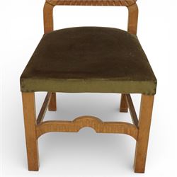 20th century set of eight dining chairs, high back form with shaped and scalloped back rails enclosing upholstered panels, matching upholstered seats, on square legs with shaped apron stretchers