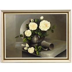  Still Life of Roses in a Pewter Jug, oil on canvas signed by George Leslie Reekie (British 1911-1969) 50cm x 70cm  