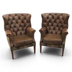 Pair of Georgian design wingback armchairs upholstered in brown leather and tartan tweed f...
