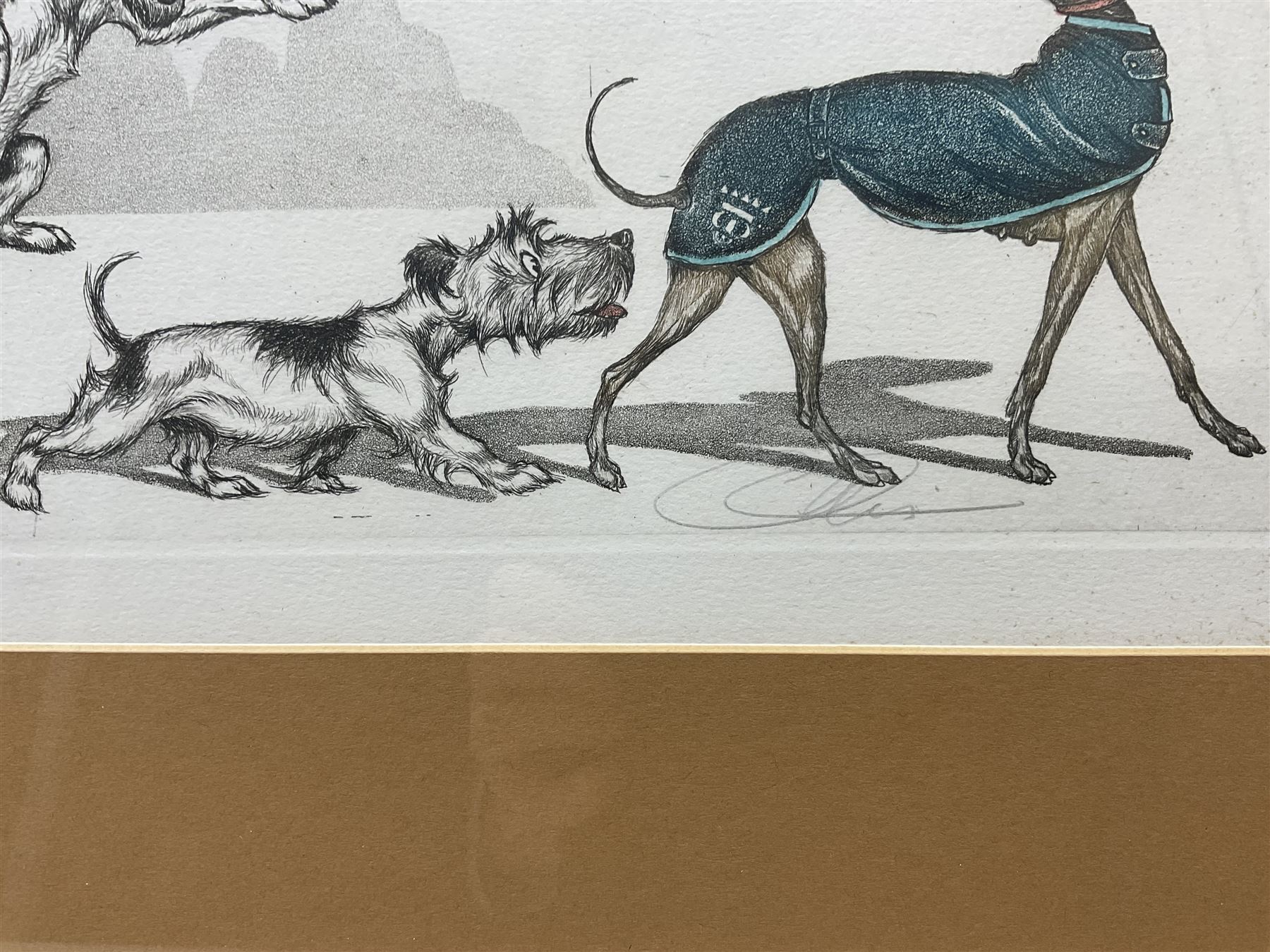 Arthur 'Boris' Klein (French 1893-1985): The Dirty Dogs of Paris, set of four etchings with hand colouring, titled respectively and signed in pencil 16cm x 45cm (4)