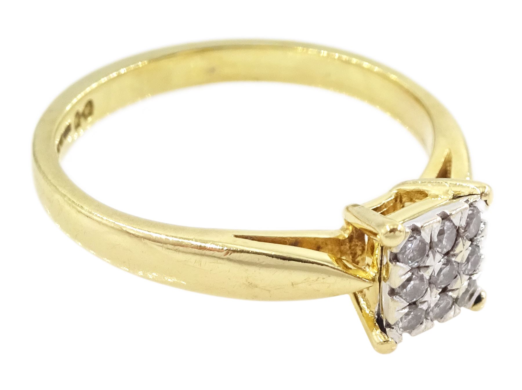 18ct gold pave set round brilliant cut diamond square cluster ring, hallmarked