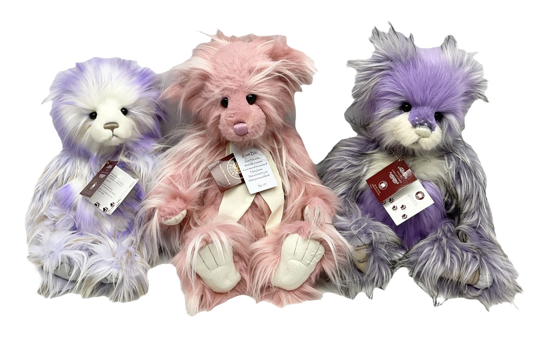 Three Charlie Bears, comprising limited edition Aunt Bibi CB205241O, 157/3000, Teresa CB212129C, and Soda Pop CB202040B, both designed by Isabelle Lee, all with tags 