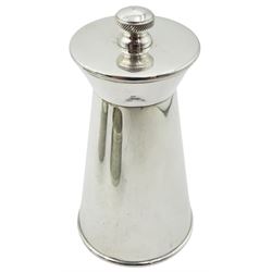 Modern silver mounted pepper grinder, of plain tapering cylindrical form, hallmarked Joseph Gloster Ltd, Birmingham 1971, H9.5cm, together with six silver napkin rings of circular and oval form with various engine turned decoration, various hallmarks, dates ranging1923 to 1998, approximate total weighable silver 3.74 ozt (116.7 grams)