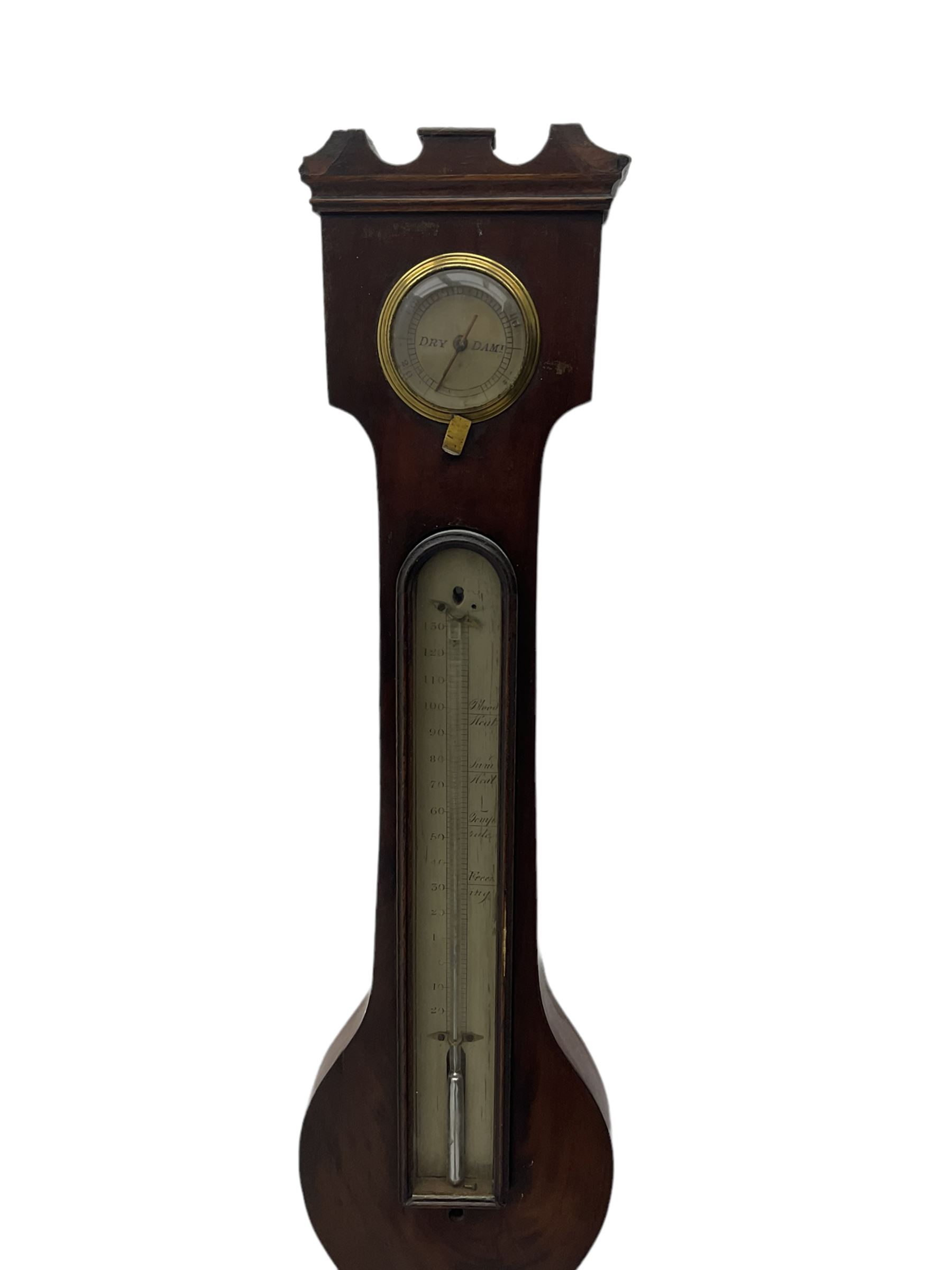 Victorian mahogany cased mercury wheel barometer by A Rizzi, Leeds,c 1860,
with a swan’s neck pediment and round base, long mercury box thermometer, 8” silvered register, hygrometer and level, steel indicating hand and brass recording hand with recording button, mercury present in syphon tube.
