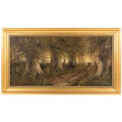 English School (19th/20th century): Figures Strolling Through Dense Forest, pair of oils on canvas indistinctly signed 29cm x 60cm (2)