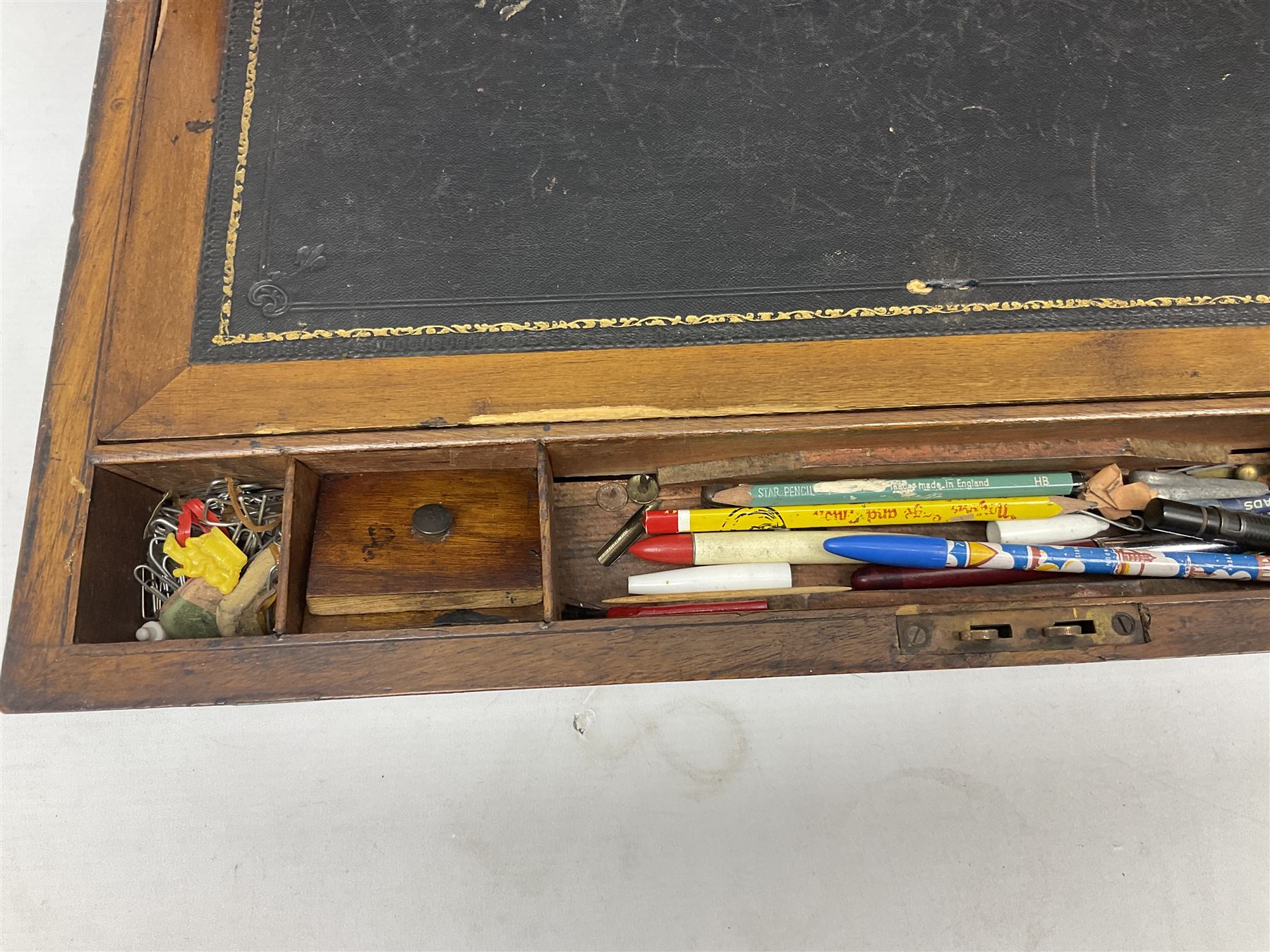 Mahogany brass bound writing box for restoration, the hinged lid lifting to reveal compartmented interior with folding slope, W50cm D25cm H18cm