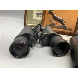 Three pairs of binoculars to include Enbeeco Concord and Bresser, Palestine police patch, framed pictures etc