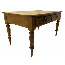 Victorian pine kitchen table, plank top, fitted with two drawers, turned legs