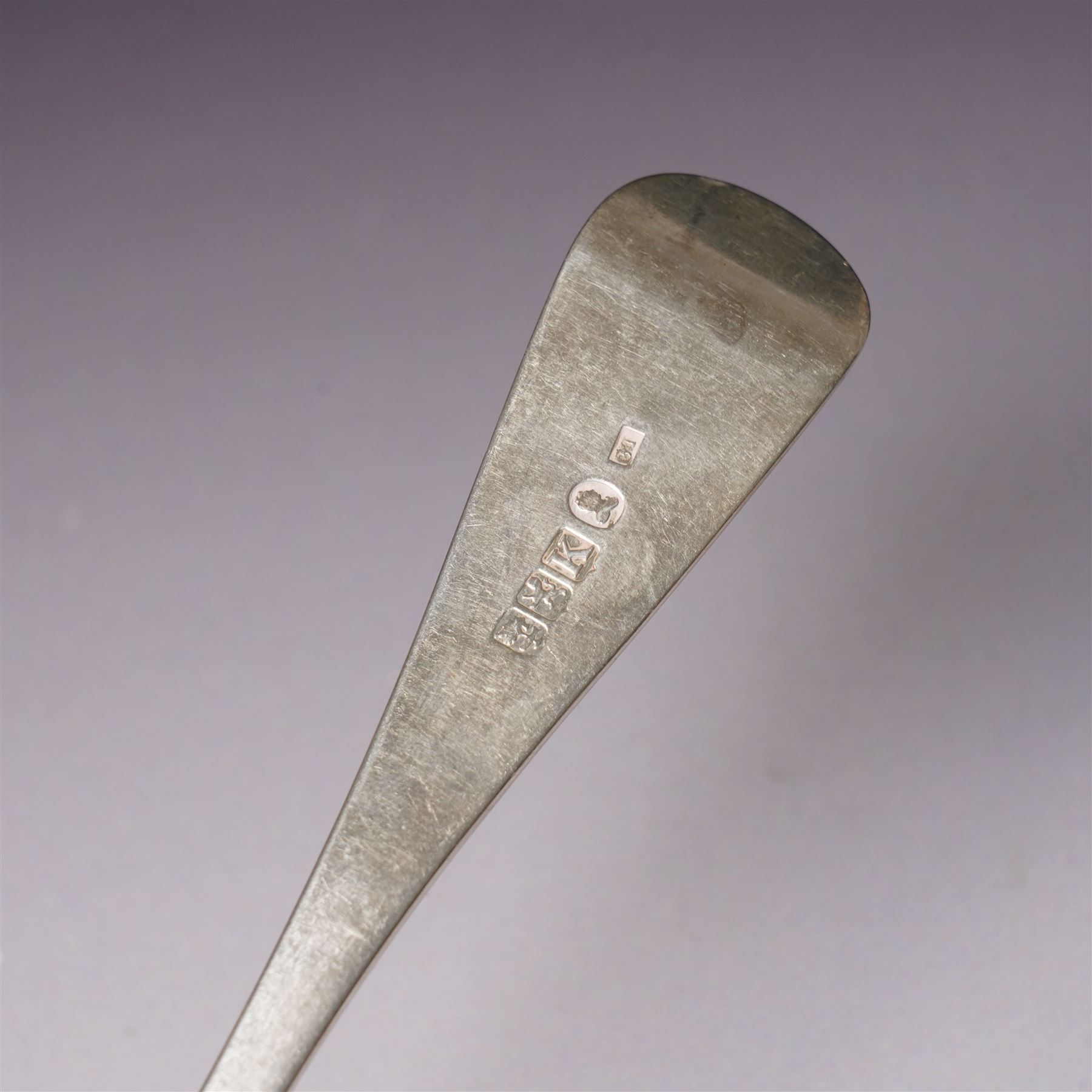Five George IV Scottish silver table forks engraved with initial Glasgow 1829 Maker G Thomson, one German silver (800) spoon and five silver serviette rings