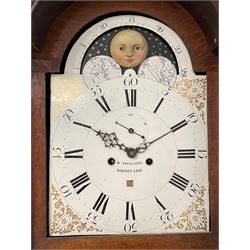 W. Phillips of Bromyard - 8-day mahogany longcase with a painted moon roller dial, c 1790,
swans neck pediment with dog tooth moulding, raised carving and  brass paterie, break arch hood door beneath flanked by reeded pilasters with brass Corinthian capitals, trunk with a blind fret, reeded quarter columns and long wavy topped door,
Plinth with a deep moulding and canted corners raised on a shaped base, painted dial with gesso spandrels, Roman numerals, five minute Arabic's and minute dots, with steel hands, seconds dial and square date aperture, dial pinned to a rack striking movement with an anchor escapement, striking the hours on a cast bell. A clockmaker by the name of John Phillips is recorded as working in Bromyard (Worcs)  in the early to mid 18th century, certainly by 1770-90. W. Phillips was possibly an unrecorded son or brother also working in the same family clockmaking business during the later part of the 18th century.
