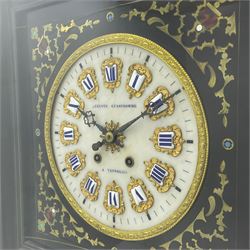 Auguste GP. Andhomme - French vineyard clock,  late 19th century 8-day twin train spring driven wall clock with enamelled and inlaid brass decoration within an ebonised and glazed case, circular enamel dial with cartouche Roman numerals, minute markers, pieced steel hands and a chased brass slip, striking movement, sounding the hours and half hours on a coiled gong. With pendulum and key.  
