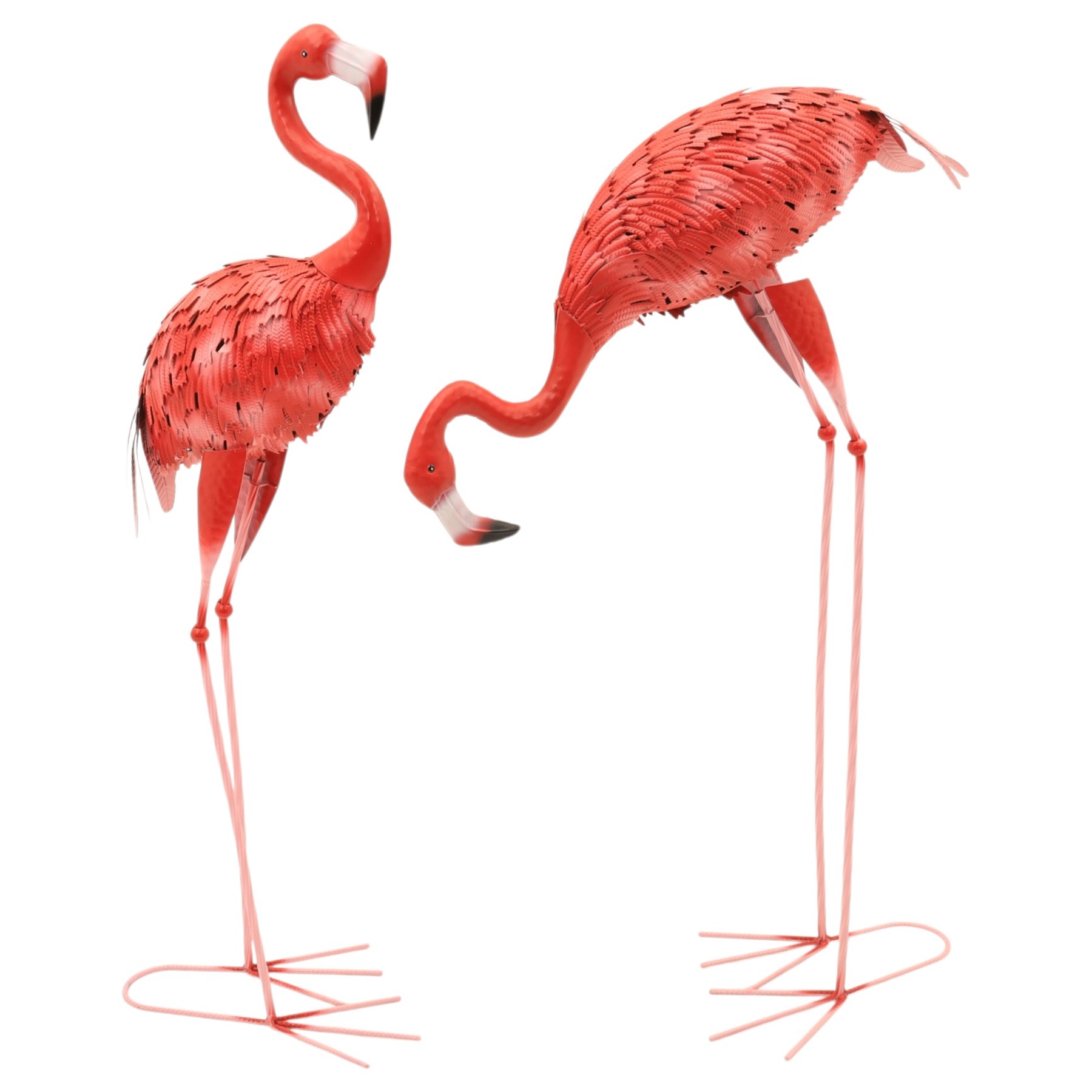 Pair of contemporary pink painted metal flamingos, with elongated curved necks, black-tipped beaks and overlapping pierced metal plumage, on long slender legs terminating in three-toed feet, modelled in differing poses