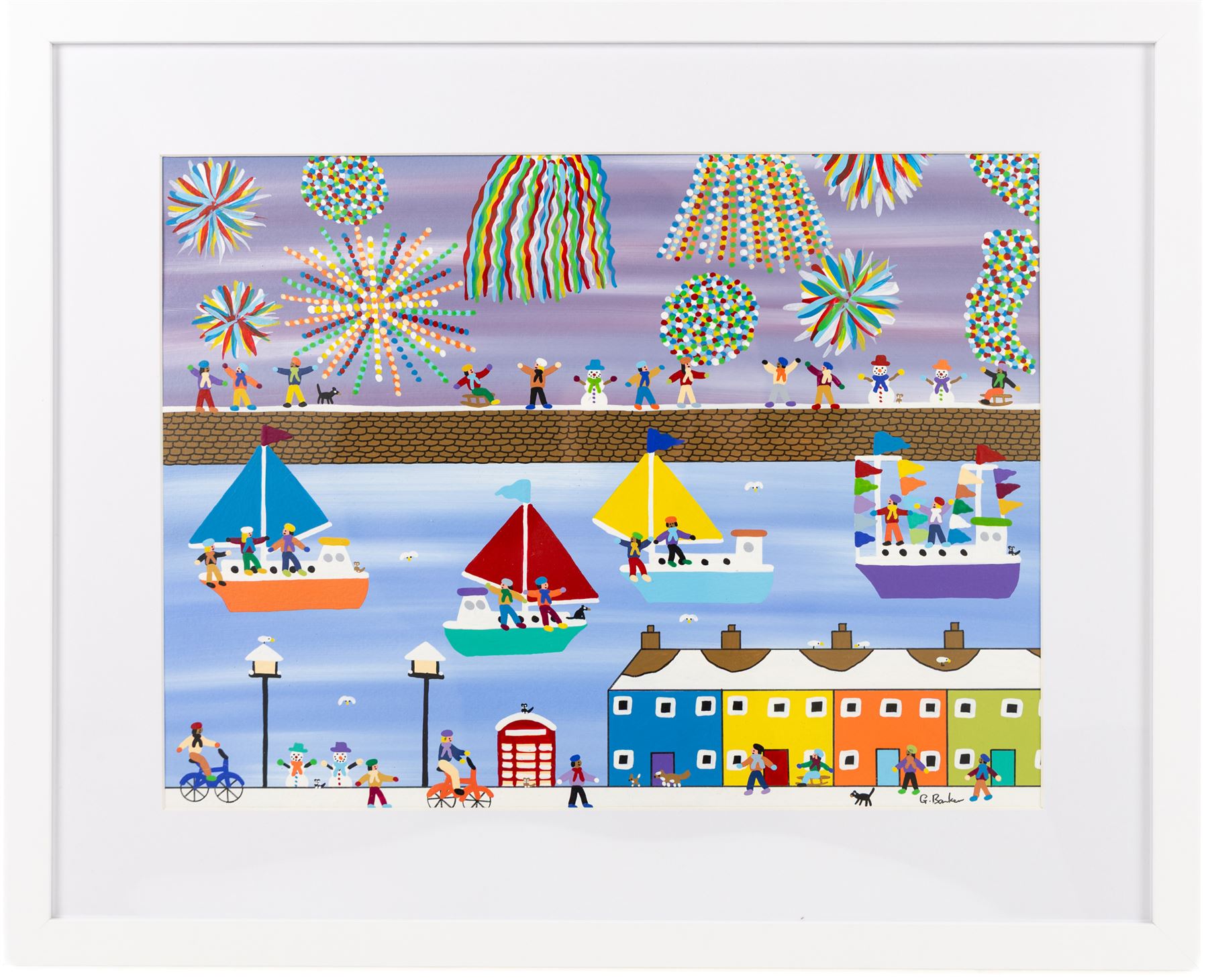 Gordon Barker (British 1960-): 'Seaside Celebrations in the Snow', acrylic and pen signed, titled verso 29cm x 39cm