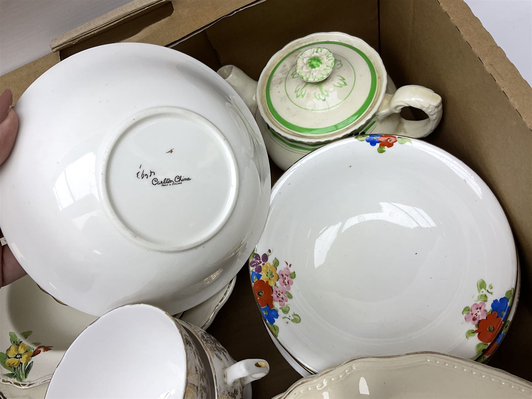 Shelley bowl, TG Green measuring jug, Villeroy & Boch sauce boat and stand, Burleigh Asiatic Pheasants plum cow creamer, cylindrical vase, mugs, bowls, jug etc, Spode 'Full Cry' The Hunt plate, Spode Ladybird mugs, Portmeirion, Meakin, Carlton China, teawares, ceramics etc