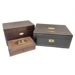 Victorian coromandel writing box; rosewood box; and Italian marquetry box (3)
