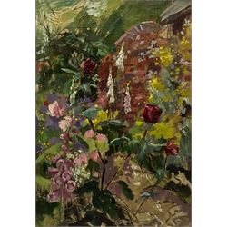 Priscilla Hanbury (British 1921-2008): Flower Garden, oil on board unsigned, Artist's Studio label verso 53cm x 37cm