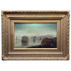 Robert Jobling (Staithes Group 1841-1923): Figures on the Clifftop overlooking Sea Stacks, oil on canvas signed and dated '1874, 29cm x 49.5cm