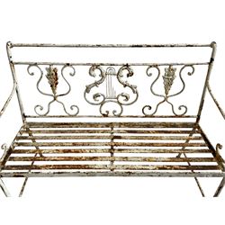 Regency design wrought metal garden bench, central lyre back with foliate S-scrolls with serpent masks, flanked by two floral mouldings and further scrolling, metal slatted seat on straight supports joined by H-stretcher  - THIS LOT IS TO BE COLLECTED BY APPOINTMENT FROM DUGGLEBY STORAGE, GREAT HILL, EASTFIELD, SCARBOROUGH, YO11 3TX