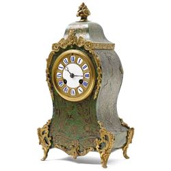 Late 19th century mantel clock in stained green tortoiseshell Boulle work case with white and blue enamel dial, bell strike and gilt metal mounts on shaped supports H30cm