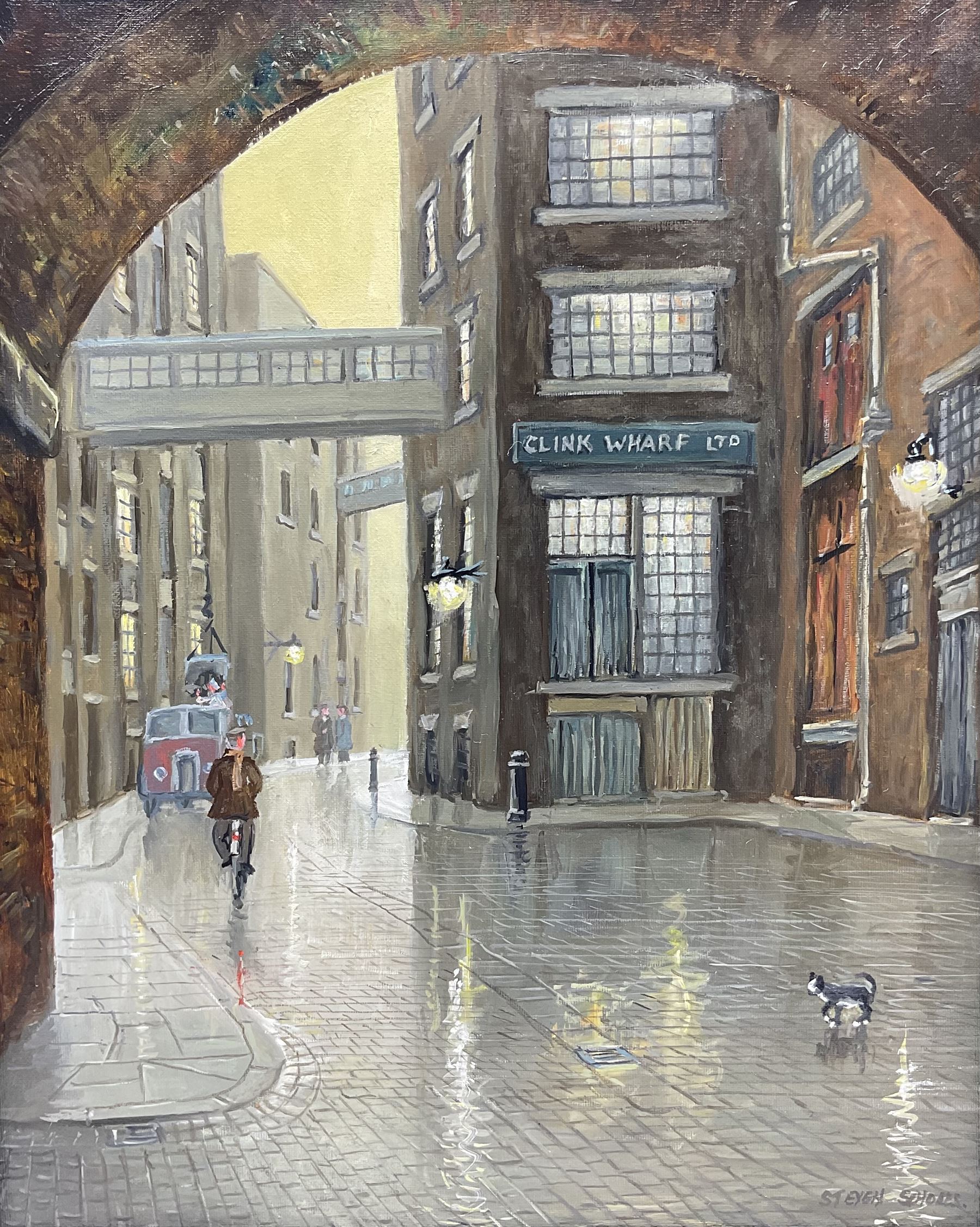 Steven Scholes (Northern British 1952-): 'The Clink' Clink Street Southwark London 1962, oil on canvas signed, titled verso 49cm x 39cm