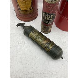 Early 20th century Kyl Fyre dry powder fire extinguisher, together with a Pyrene C.T.C fire extinguisher, and two larger fire extinguishers comprising a 1962 Minimax example and a Lister example, tallest H66cm