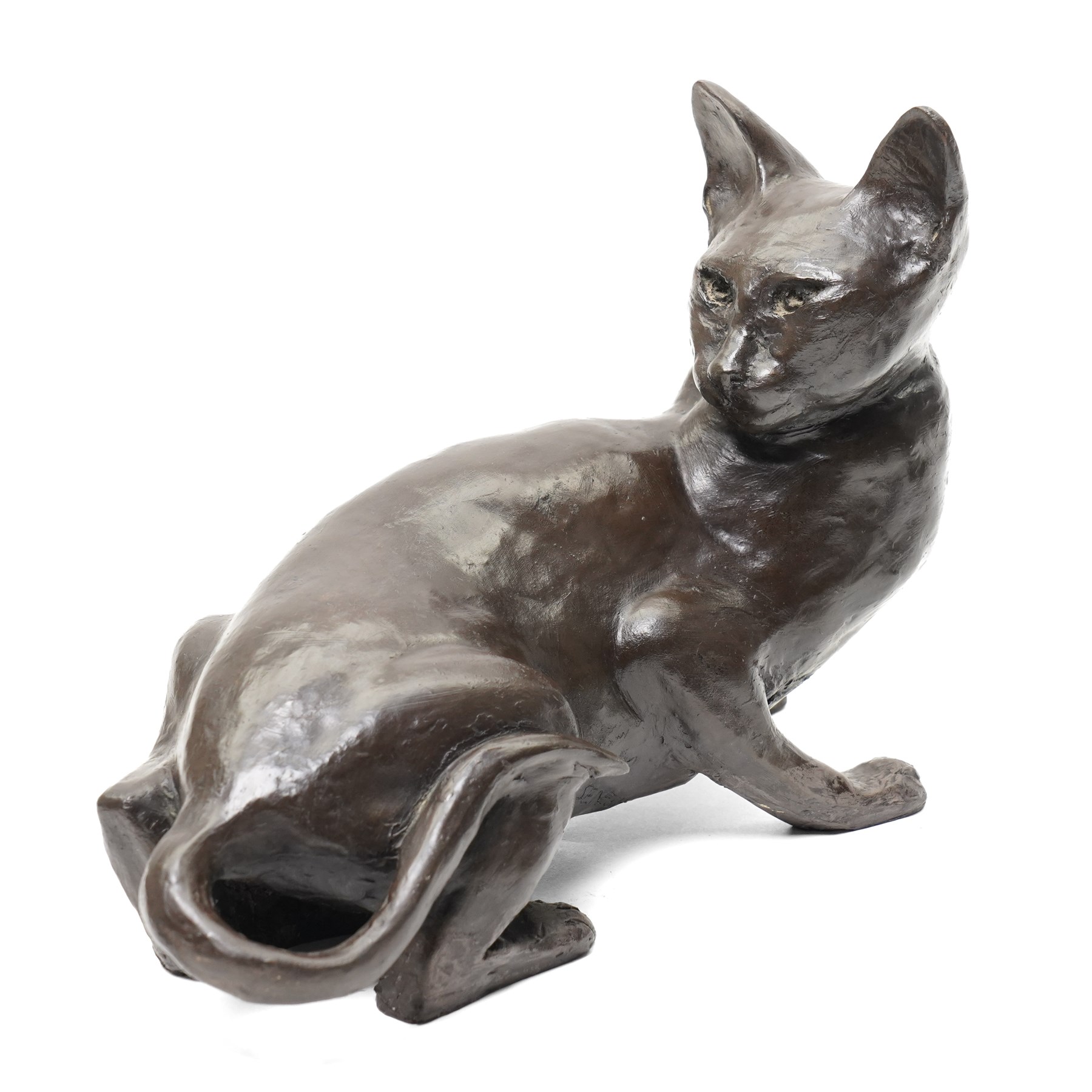 Two Seneshall bronzed resin cats, signed, W21cm and 23cm; together with a bronze effect mother and kitten , H10cm (3)