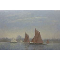 William Burns (British 1923-2010): 'Yachts in Mist - River Orwell' Suffolk, oil on board unsigned, titled verso 41cm x 61cm (unframed)
Provenance: direct from the artist's family. Born in Sheffield in 1923, William Burns RIBA FSAI FRSA studied at the Sheffield College of Art, before the outbreak of the Second World War during which he helped illustrate the official War Diaries for the North Africa Campaign, and was elected a member of the Armed Forces Art Society. On his return to England, he studied architecture at Sheffield University and later ran his own successful practice, being a member of the Royal Institute of British Architects. However, painting had always been his self-confessed 'first love', and in the 1970s he gave up architecture to become a full-time artist, having his first one-man exhibition in 1979.