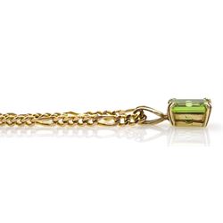 Gold emerald cut peridot pendant, on gold figaro link necklace, both hallmarked 9ct 