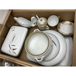 Denby Greenwheat pattern dinner wares, together with Royal Doulton Tumbling Leaves pattern tea and dinner wares, Royal commemorative ceramics including Wedgwood Jasperware table lighter, pair of Victorian glass hand painted vases, large blue and white urn with lid, Noritake part tea set, Staffordshire style dog and other ceramics and collectables, in boxes