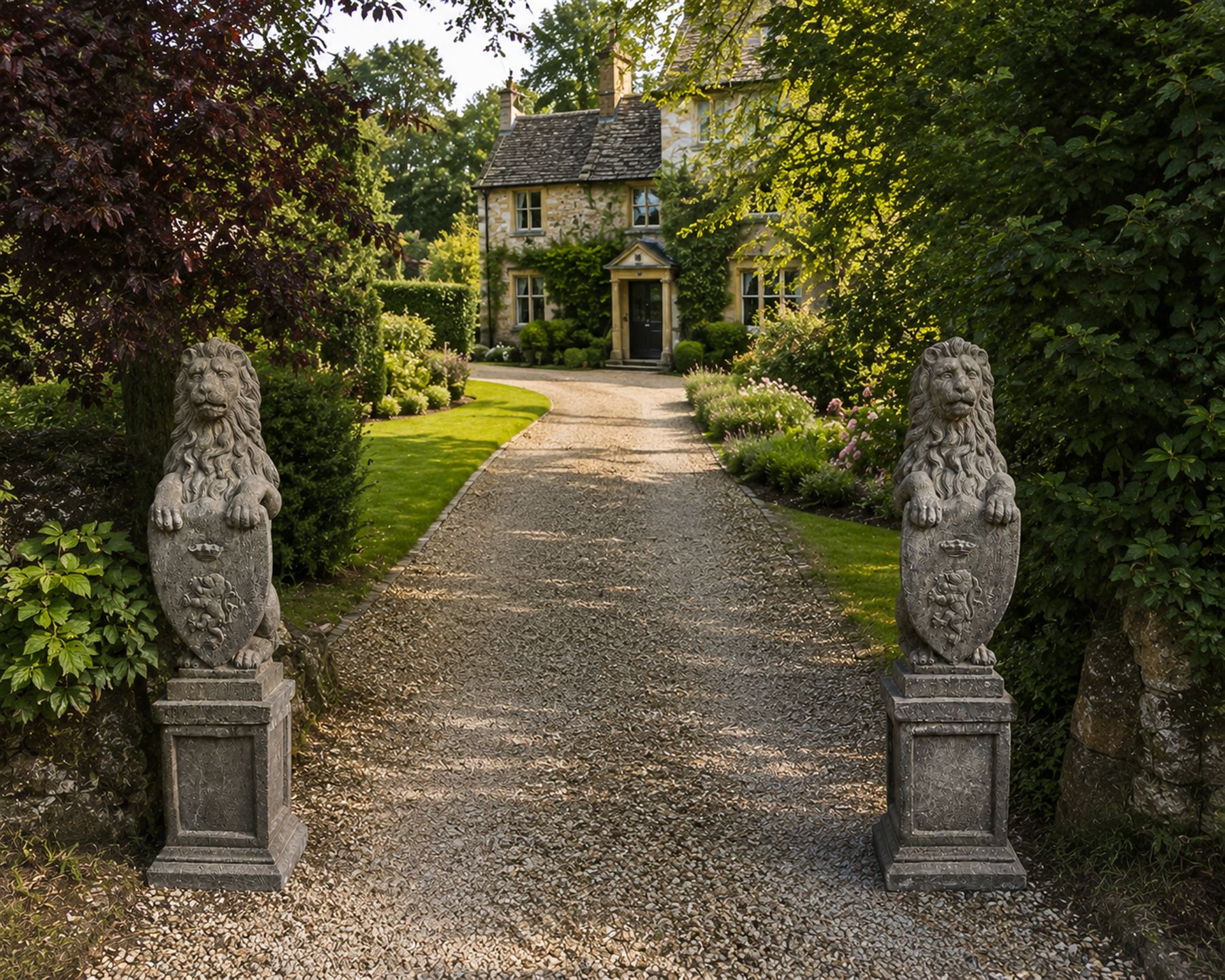 Pair of cast stone Heraldic lions, modelling in upright standing poses with flowing mane, each clasping an Armorial shield moulded with a crowned lion in their forepaws, raised on rectangular pedestals